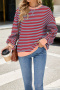 casual plus size slight stretch stripe pattern crew neck sweatshirts_Pink