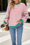 casual plus size slight stretch stripe pattern crew neck sweatshirts_Pink_Orange_Green