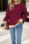 casual plus size slight stretch 6 colors stripe pattern crew neck sweatshirts_Pink_Red