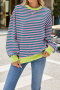 casual plus size slight stretch 6 colors stripe pattern crew neck sweatshirts_Pink
