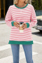 casual plus size slight stretch crew neck stripe printing sweatshirts_Black_Pink