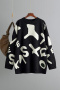 casual slight stretch loose knitted letter jacquard sweater_Black
