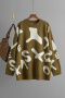 casual slight stretch loose knitted letter jacquard sweater_Black_Dark Green