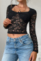 stylish sexy slight stretch knit lace 8-color see-through long sleeve tops_Black