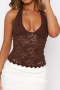 new sexy slight stretch patchwork 6-color sleeveless halterneck lace tops_Black_White_Pink_Rose Red_Yellow_Brown