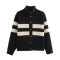 casual slight stretch ribbed knit stripe pattern button sweaters_Black