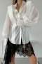 new no-stretch patchwork 3-color mesh see-through long sleeve blouse_White