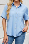 casual plus size slight stretch lapel short sleeve solid single-breasted loose blouse_Black_White_Pink_Aqua Green_Sky Blue
