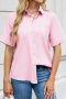casual plus size slight stretch lapel short sleeve solid single-breasted loose blouse_Black_White_Pink