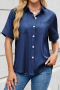 casual plus size slight stretch lapel short sleeve solid single-breasted loose blouse_Black_White_Pink_Aqua Green_Sky Blue_Dark Blue