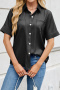 casual plus size slight stretch lapel short sleeve solid single-breasted loose blouse_Black