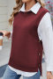 casual stretch solid color knit crew neck button slit vest(only vest)_Black_Gray_Rose Red
