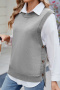 casual stretch solid color knit crew neck button slit vest(only vest)_Black_Gray