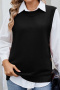 casual stretch solid color knit crew neck button slit vest(only vest)_Black