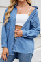 casual non-stretch denim lapel pocket single-breasted loose blouse_Blue
