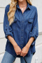 casual non-stretch denim lapel pocket single-breasted loose blouse_Blue_Dark Blue