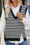 casual stretch contrasting v-neck stripe slit knit vest(only vest)_Black