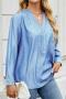casual plus size slight stretch v-neck button pocket long sleeve loose blouse_Black_Sky Blue