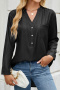 casual plus size slight stretch v-neck button pocket long sleeve loose blouse_Black
