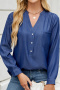 casual plus size slight stretch v-neck button pocket long sleeve loose blouse_Black_Sky Blue_Dark Blue