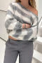 casual slight stretch stripe knitted 4 colors boat neck loose all-match sweater_Gray