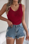 casual slight stretch solid color slim v-neck hollow knitted vest_Rose Red
