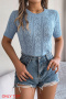 casual slight stretch solid color hollow breathable short sleeve knitted top_White_Sky Blue