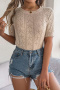 casual slight stretch solid color hollow breathable short sleeve knitted top_White_Sky Blue_Khaki 