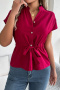 casual non-stretch solid color drawstring short-sleeved shirt_White_Rose Red