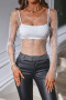 sexy non-stretch fishnet hollow rhinestone long sleeve top (no lining)_Black_White
