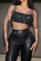 sexy non-stretch fishnet hollow rhinestone long sleeve top (no lining)_Black