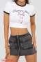 stylish slight stretch contrast color short sleeve letter bow print crop t-shirt_Black