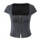 casual slight stretch square neck duplex zipper vertical stripes cropped t-shirt_Black_Dark Gray