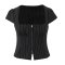 casual slight stretch square neck duplex zipper vertical stripes cropped t-shirt_Black