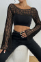 sexy slight stretch hollow crochet long sleeve crop top cover-up(only cover-up)_Black