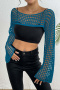 sexy slight stretch hollow crochet long sleeve crop top cover-up(only cover-up)_Black_White_Orange_Dark Blue