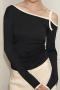 new slight stretch 4-color patchwork slanted shoulders long sleeve tops_Black