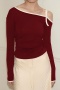 new slight stretch 4-color patchwork slanted shoulders long sleeve tops_Black_Red