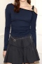 new slight stretch 4-color patchwork slanted shoulders long sleeve tops_Black_Red_Sky Blue_Dark Blue