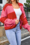 new stylish slight stretch knit contrast 4-color long sleeve cardigans_Pink_Red