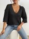 stylish slight stretch cut out 6 colors v-neck loose knit wear_Black