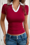 stylish slight stretch color-block polo collar all-match t-shirt_Black_White_Rose Red