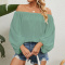 casual plus size non-stretch chiffon solid color off shoulder loose top_White_Pink_Green