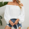 casual plus size non-stretch chiffon solid color off shoulder loose top_White
