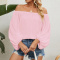 casual plus size non-stretch chiffon solid color off shoulder loose top_White_Pink