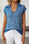 casual slight stretch 7 colors v-neck stripe short sleeve knit wear_Black_White_Magenta_Green_Sky Blue_Blue