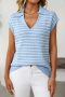 casual slight stretch 7 colors v-neck stripe short sleeve knit wear_Black_White_Magenta_Green_Sky Blue