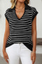 casual slight stretch 7 colors v-neck stripe short sleeve knit wear_Black