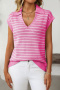 casual slight stretch 7 colors v-neck stripe short sleeve knit wear_Black_White_Magenta