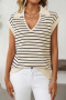 casual slight stretch 7 colors v-neck stripe short sleeve knit wear_Black_White_Magenta_Green_Sky Blue_Blue_Beige